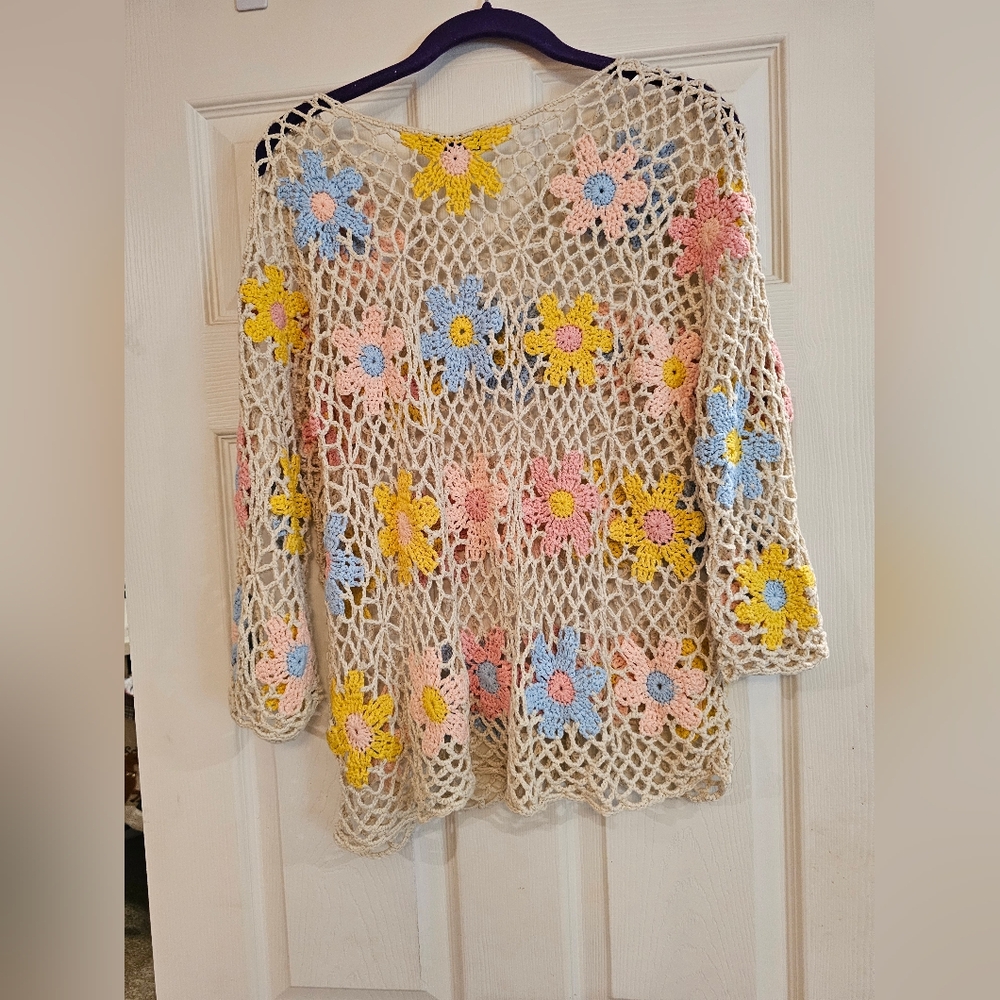 CHARLIE B Floral Crochet Mesh Blouse - Cream, Pink, Blue, Yellow - Picture 4 of 5
